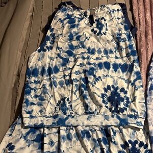 Blue and White Tie-Dye Print Sleeveless Dress
